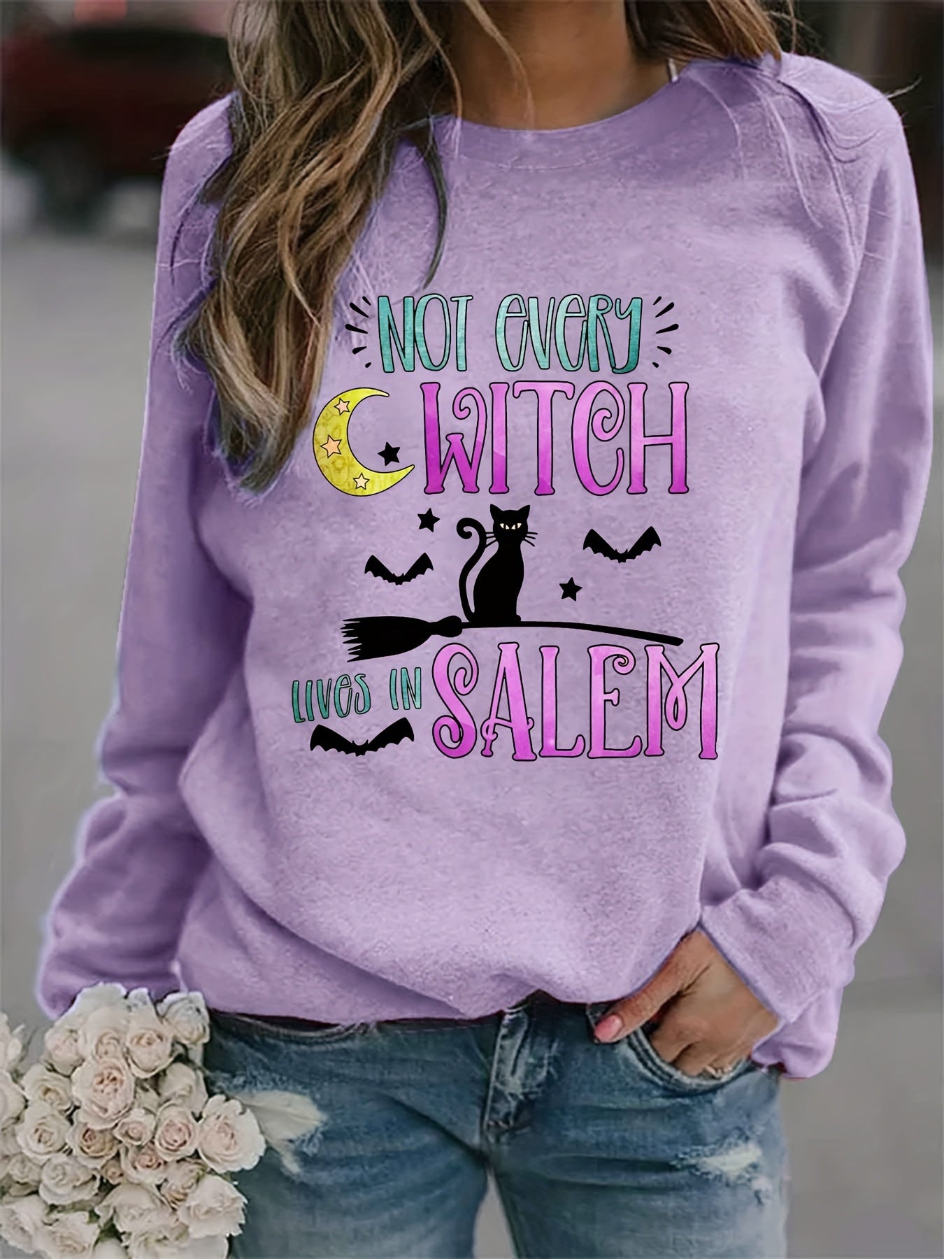 Halloween Witch Print Loose Sweatshirt Casual Long Sleeve Crew Neck