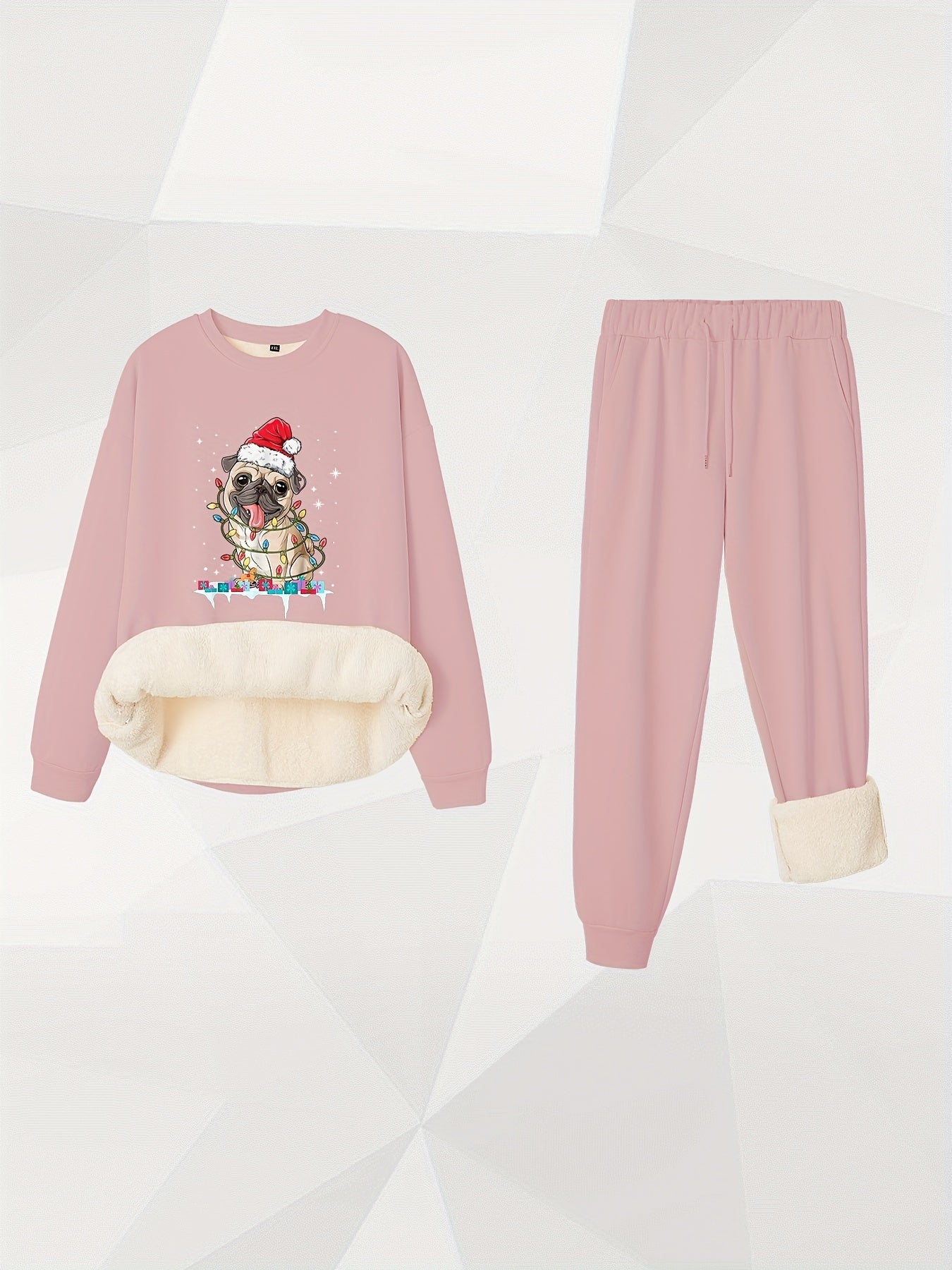 Plus Size Christmas Outfit Set Women's Hat & Puppy Fleece Top & Joggers