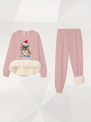 Plus Size Christmas Outfit Set Women's Hat & Puppy Fleece Top & Joggers
