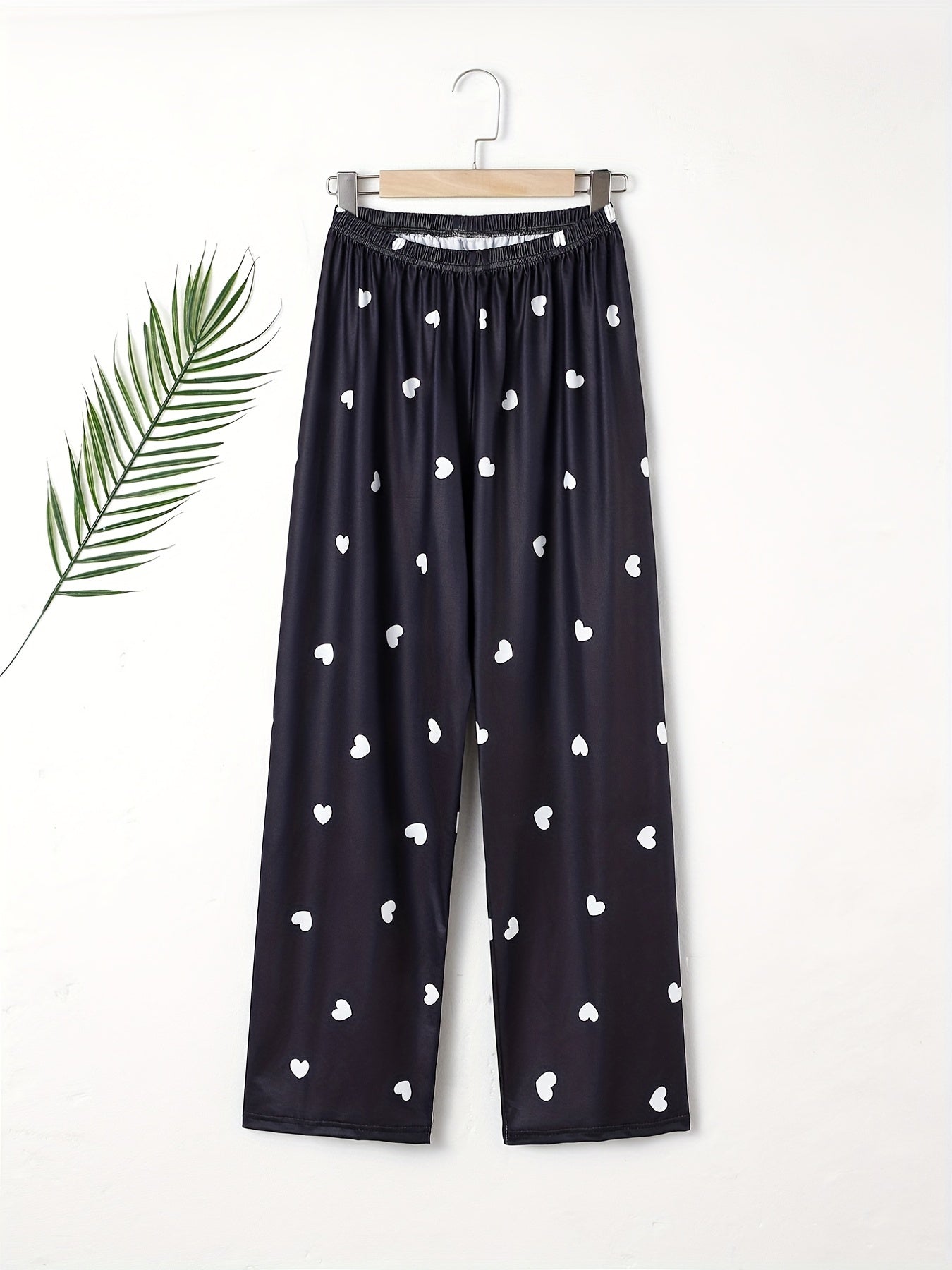 Heart Print Sleep Bottom Loose & Breathable Elastic Waistband Long Pants