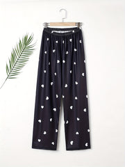 Heart Print Sleep Bottom Loose & Breathable Elastic Waistband Long Pants