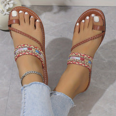 Boho Style Toe Loop Flat Slides Beach Sandals