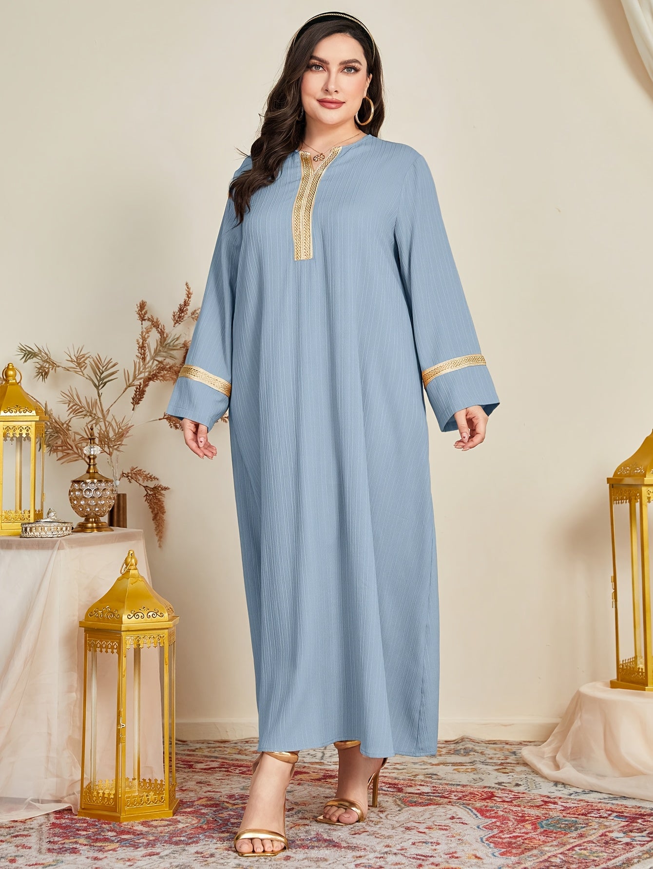 Casual Abaya Dress Women's Plus Colorblock Contrast Lace Maxi Dress
