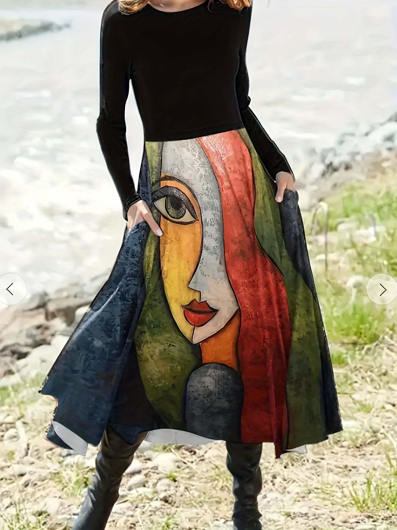 Colorblock Abstract Print Round Neck Dress with Belt