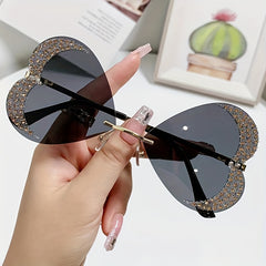 Girl's Love Shape Rimless Sunglasses with Rhinestone Y2K Ocean Lens