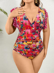 Retro Swimsuit Women's Plus Allover Print Ruched V Neck