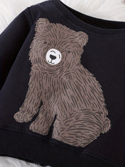 3pcs Boys Bear Print Bodysuit & Sweatshirt & Pants Set for Fall Winter