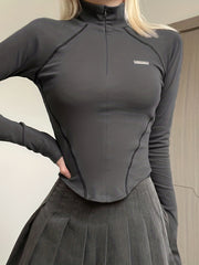 Solid Mock Neck Sports Long Sleeve Zipper Top