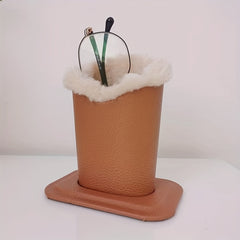 Plush Lined Leather Glasses Holder for Desk or Nightstand