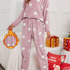 Bunny Pattern Plush Pajama Set Long Sleeve Top & Pants