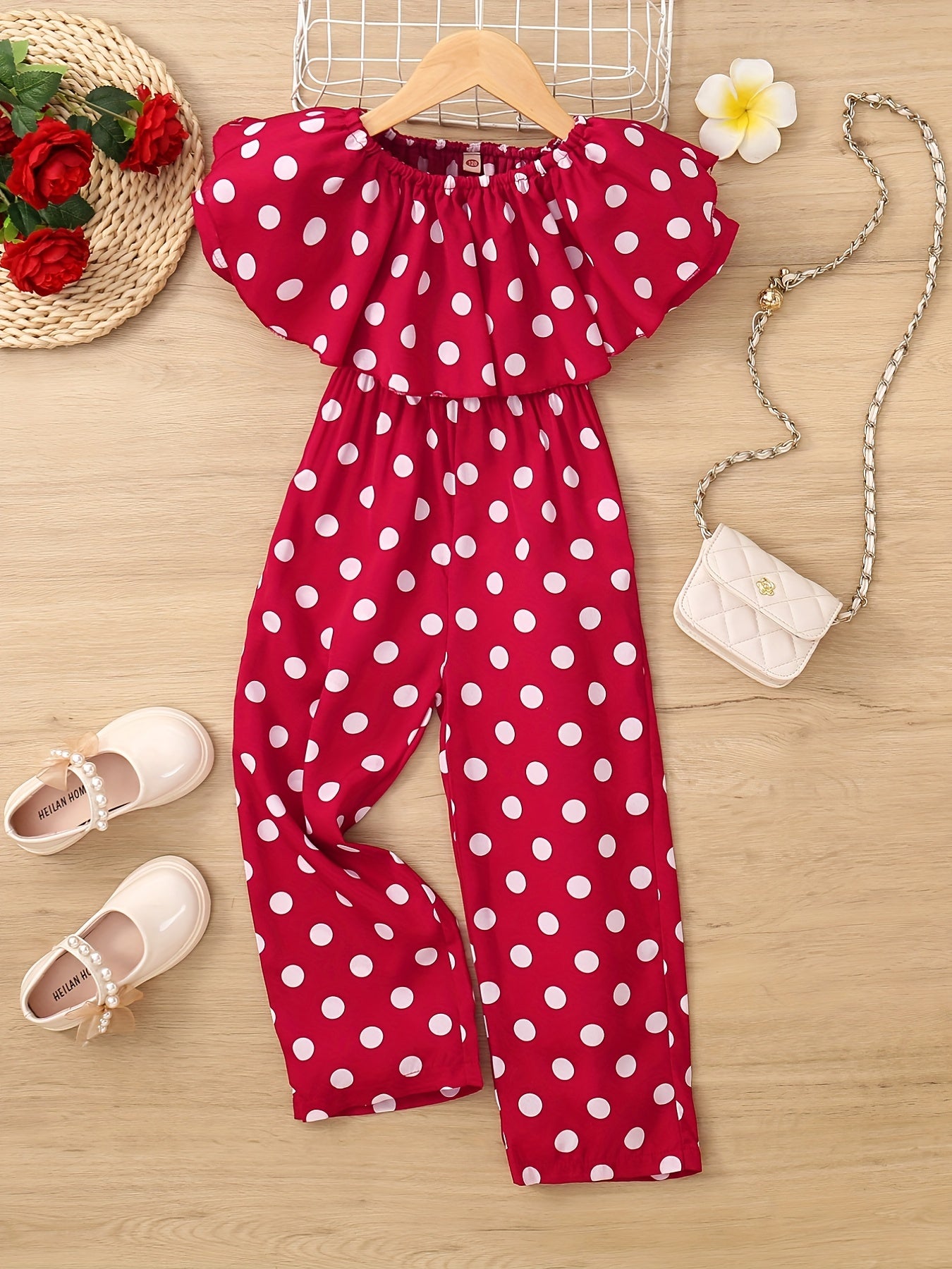 Girls Off Shoulder Polka Dot Romper Jumpsuit