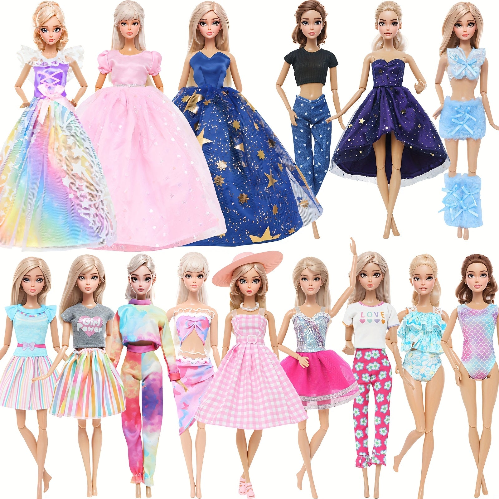 5pc 11.5in Girl Doll Clothes Set: Princess Dresses, Skirts, Outfits, Swimsuits