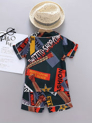 Boys Letter Print Block Pajamas Set Short Sleeves Tops & Bottoms Comfortable