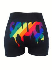 Sauce Print Skinny Shorts Yoga Casual Summer Shorts