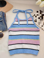 Colorblock Stripe Print Halter Top Sleeveless Tie Back Summer Casual Top