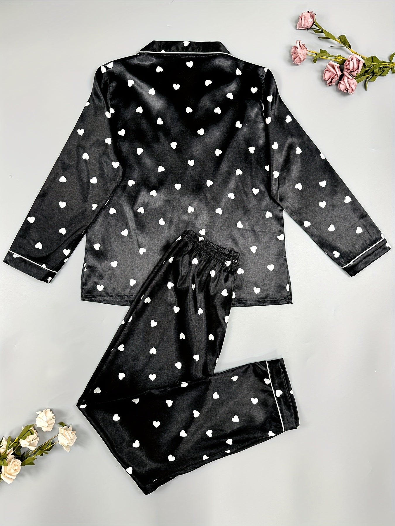 Heart Print Pajama Set Long Sleeve Buttons Top & Elastic Waistband Pants
