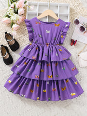Girls Flutter Sleeve Butterfly Print A Line Tiered Casual Dress
