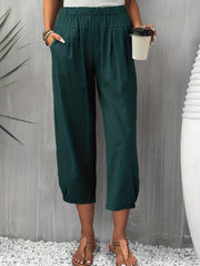 Solid Cropped Pants Casual Elastic Waist Tucked Pants