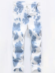 Tie Dye Slim Fit Ripped Jeans Men's Casual Street Style Denim Pants