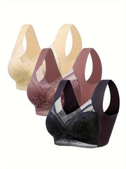3pcs Full Coverage Lace Wireless Bras Women's Lingerie