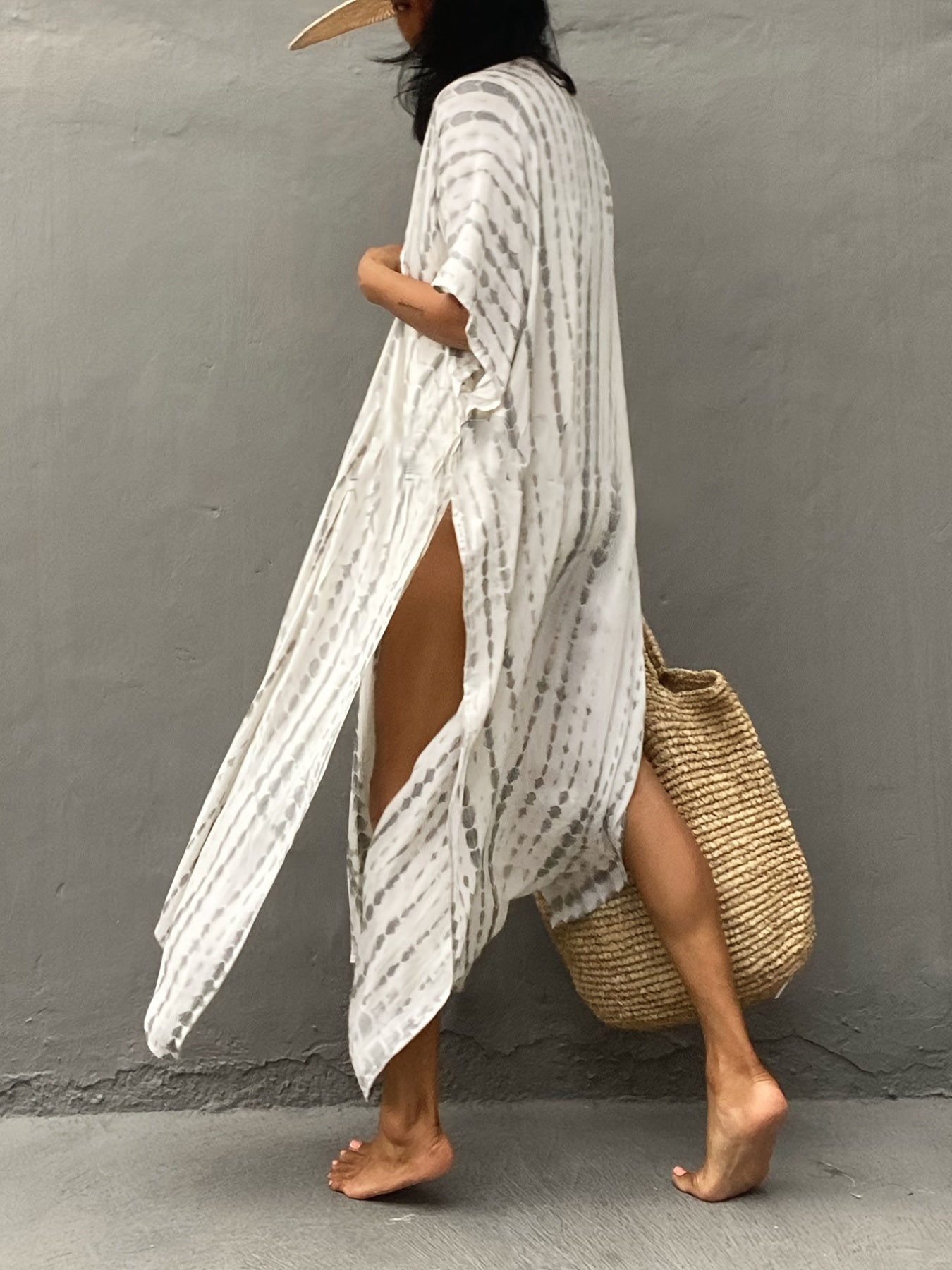 Tie Dye Cover Up Shirt Loose Fit V Neck Split Kimono Women's Swimwear