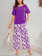 Casual Outfits 2 Piece Set - Solid Top & Floral Wide Leg Pants
