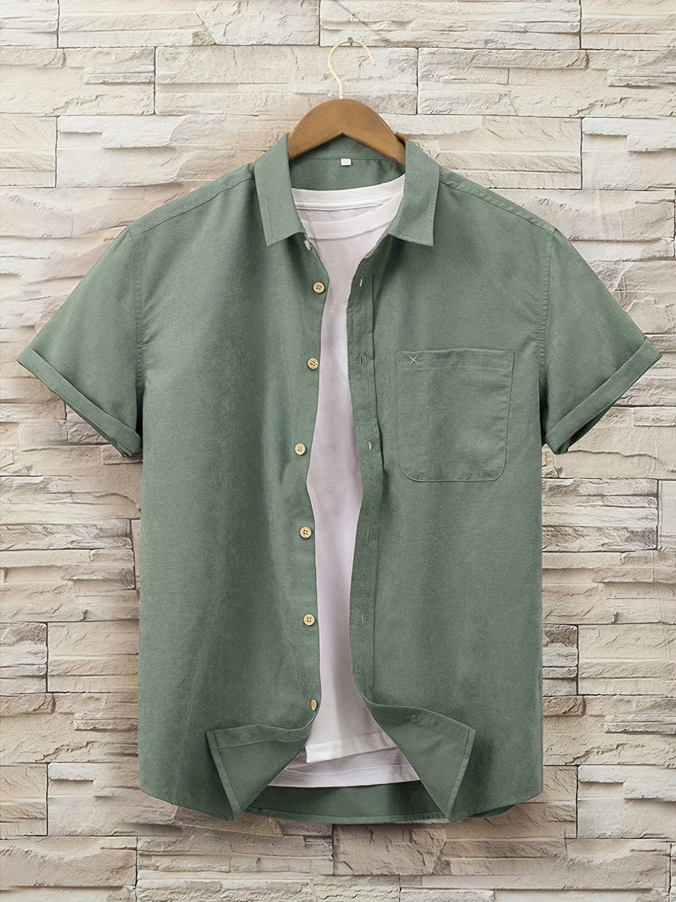 Solid Print Men's Casual Short Sleeve Shirt With Chest Pocket