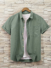 Solid Print Men's Casual Short Sleeve Shirt With Chest Pocket