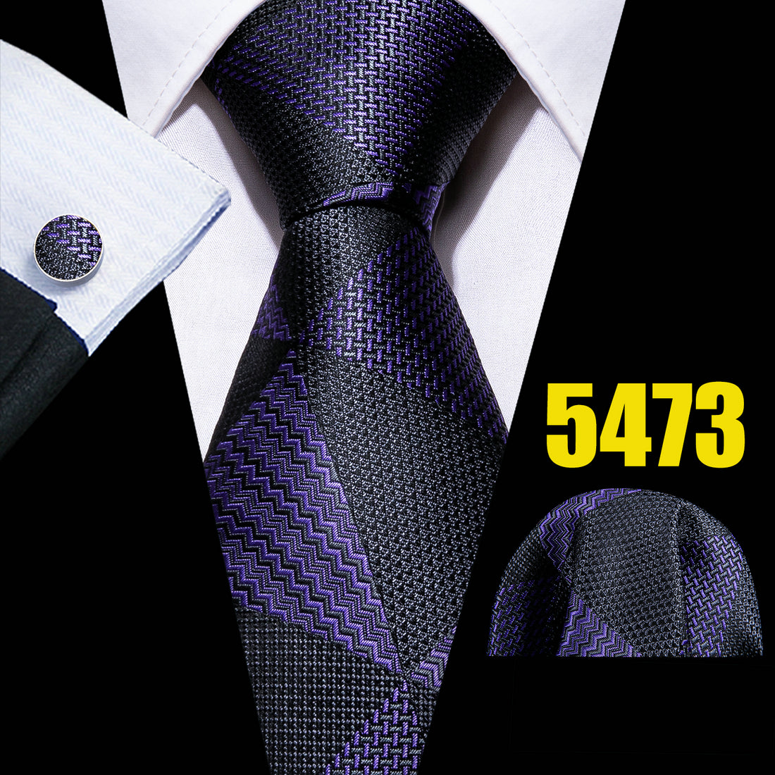 Barry Wang Classic Purple Tie Set Striped Plaid Silk Necktie Pocket Square Cuffl