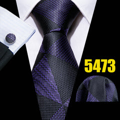 Barry Wang Classic Purple Tie Set Striped Plaid Silk Necktie Pocket Square Cuffl
