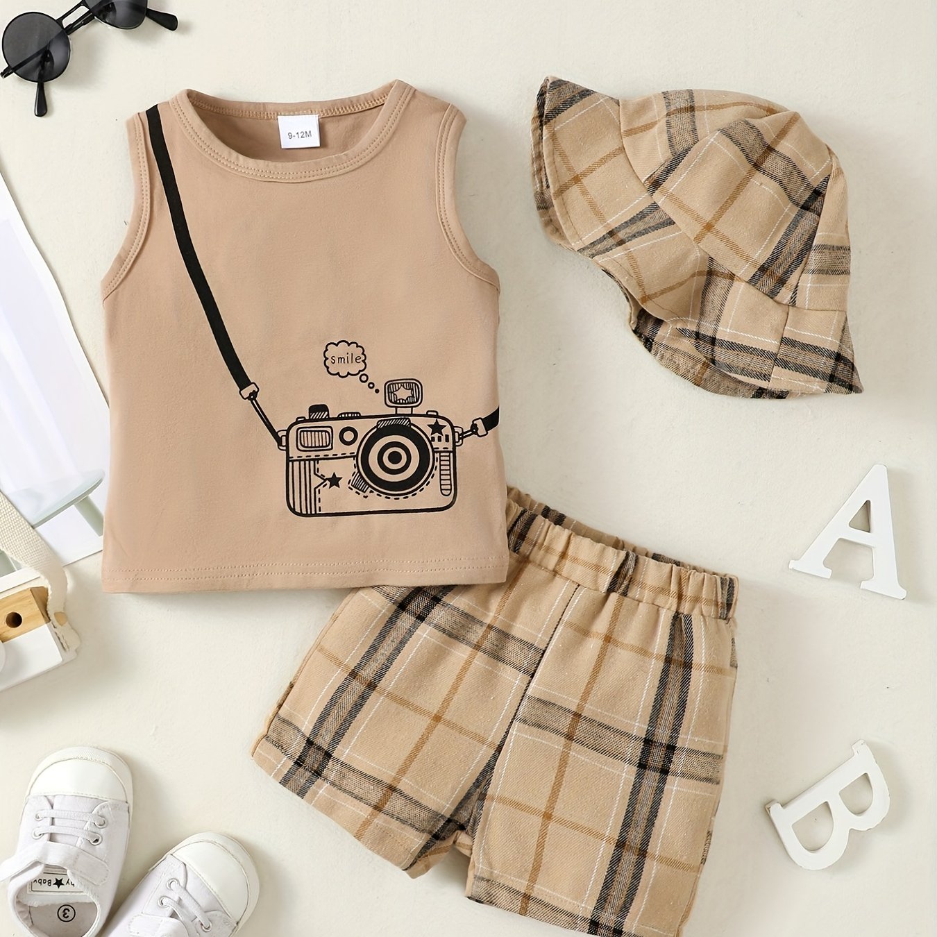 3pc Baby Boys Camera Print Tank Top Plaid Shorts Fisherman Hat Set