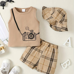 3pc Baby Boys Camera Print Tank Top Plaid Shorts Fisherman Hat Set