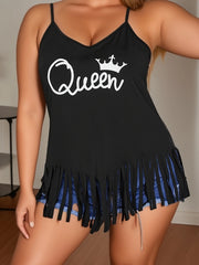Crown Letter Print Cami Top with Tassel Trim