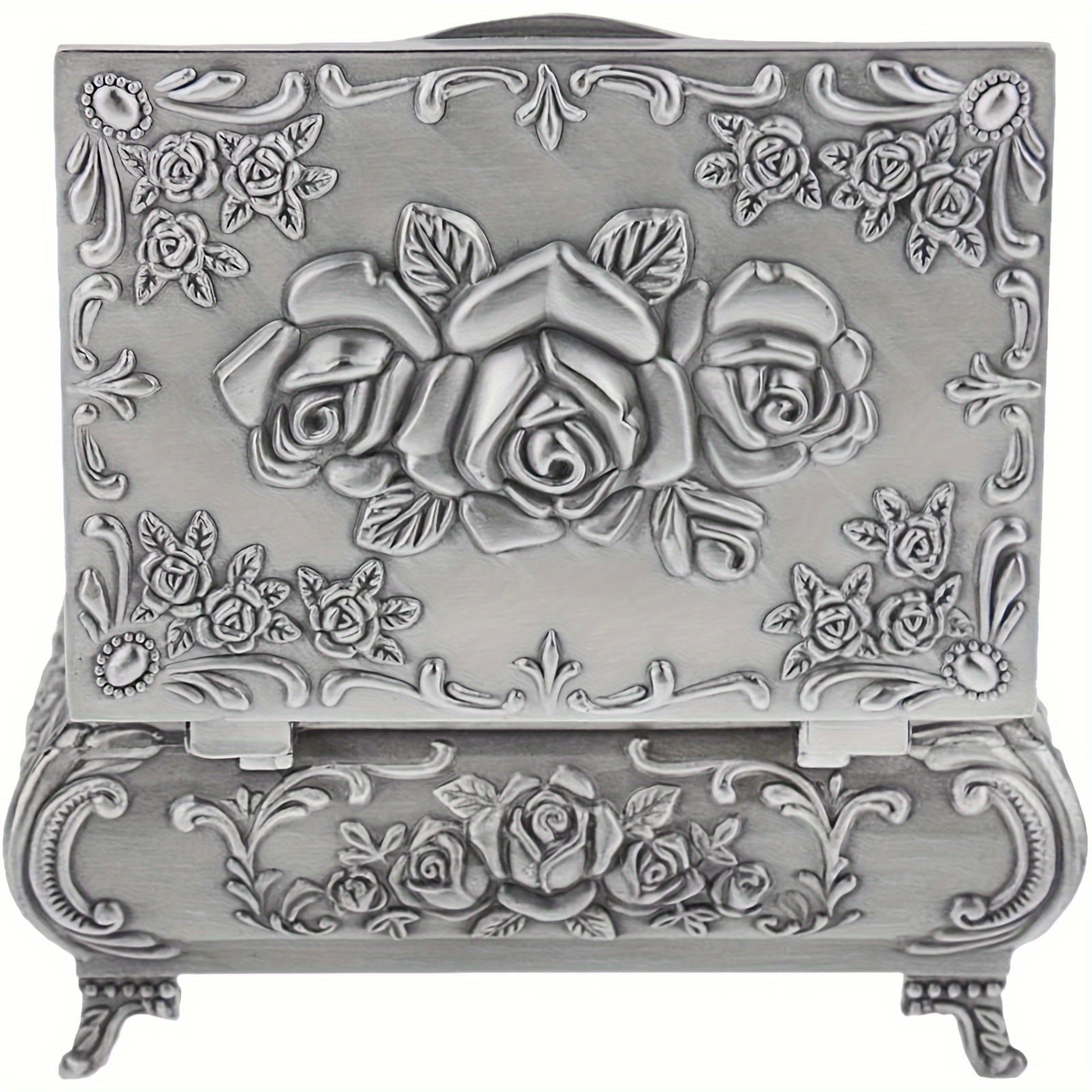 Vintage Embossed Rose Jewelry Box Antique Rectangle Rose Flower Engraving Box