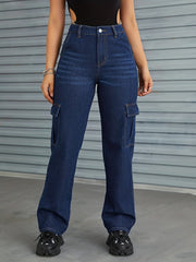 Cargo Pants Washed Loose Fit High Waist Straight Jeans Women's Denim Jeans