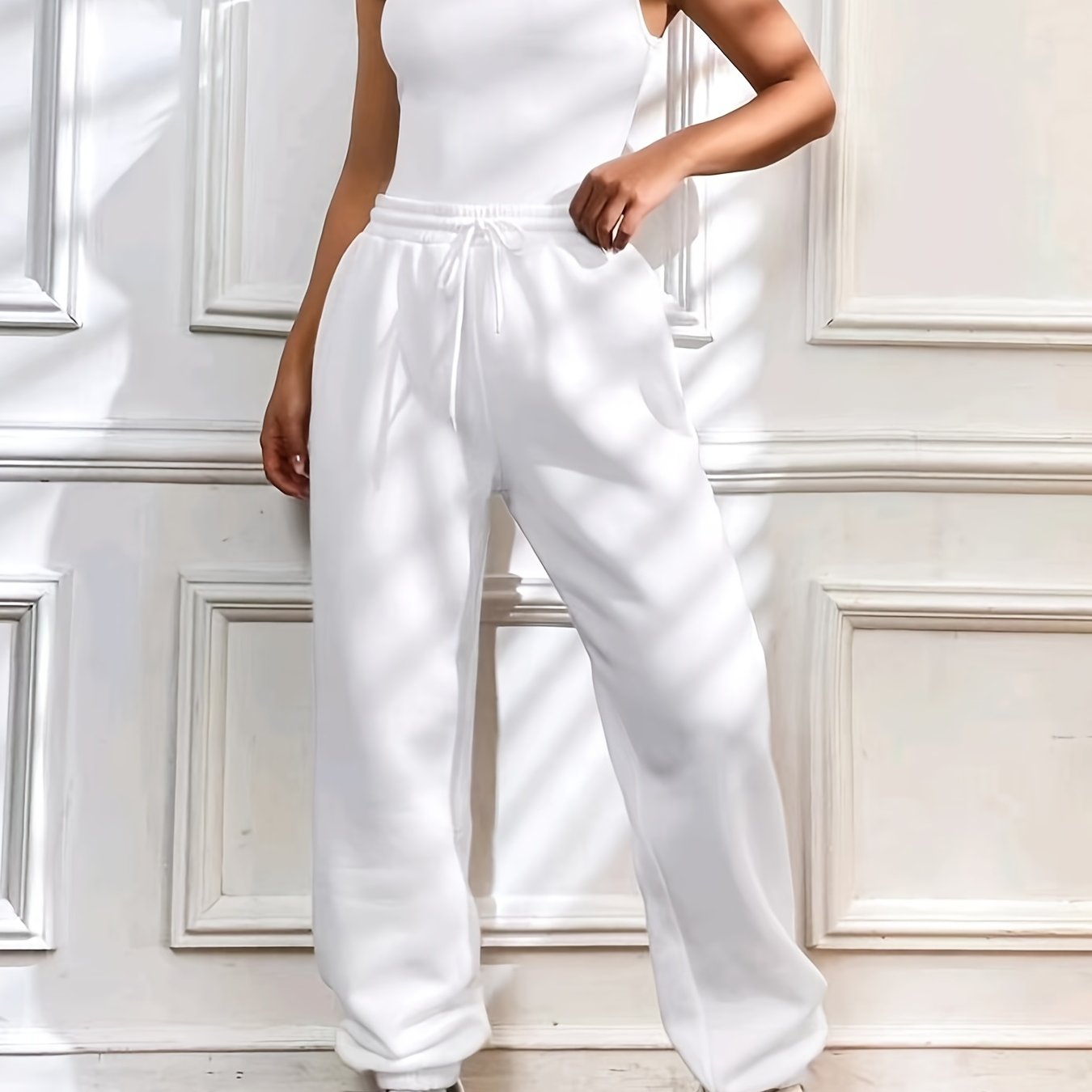 Solid Tank Bodysuit & Jogger Pants Set Women's Outfit
