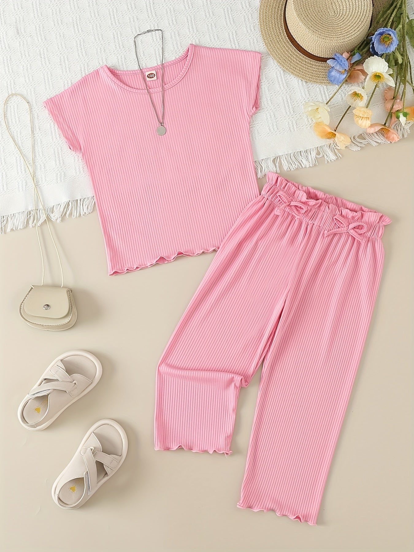 Girl's Ribbed T-shirt & Bowknot Pants Set Summer Outfit