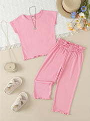 Girl's Ribbed T-shirt & Bowknot Pants Set Summer Outfit