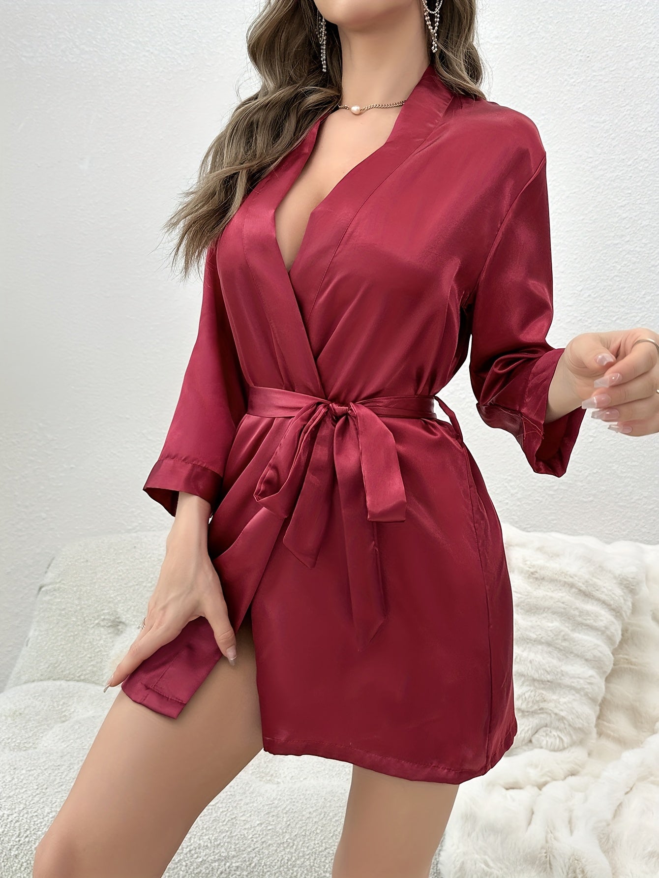 Satin Night Robe Long Sleeve With Belt Women's Sleepwear