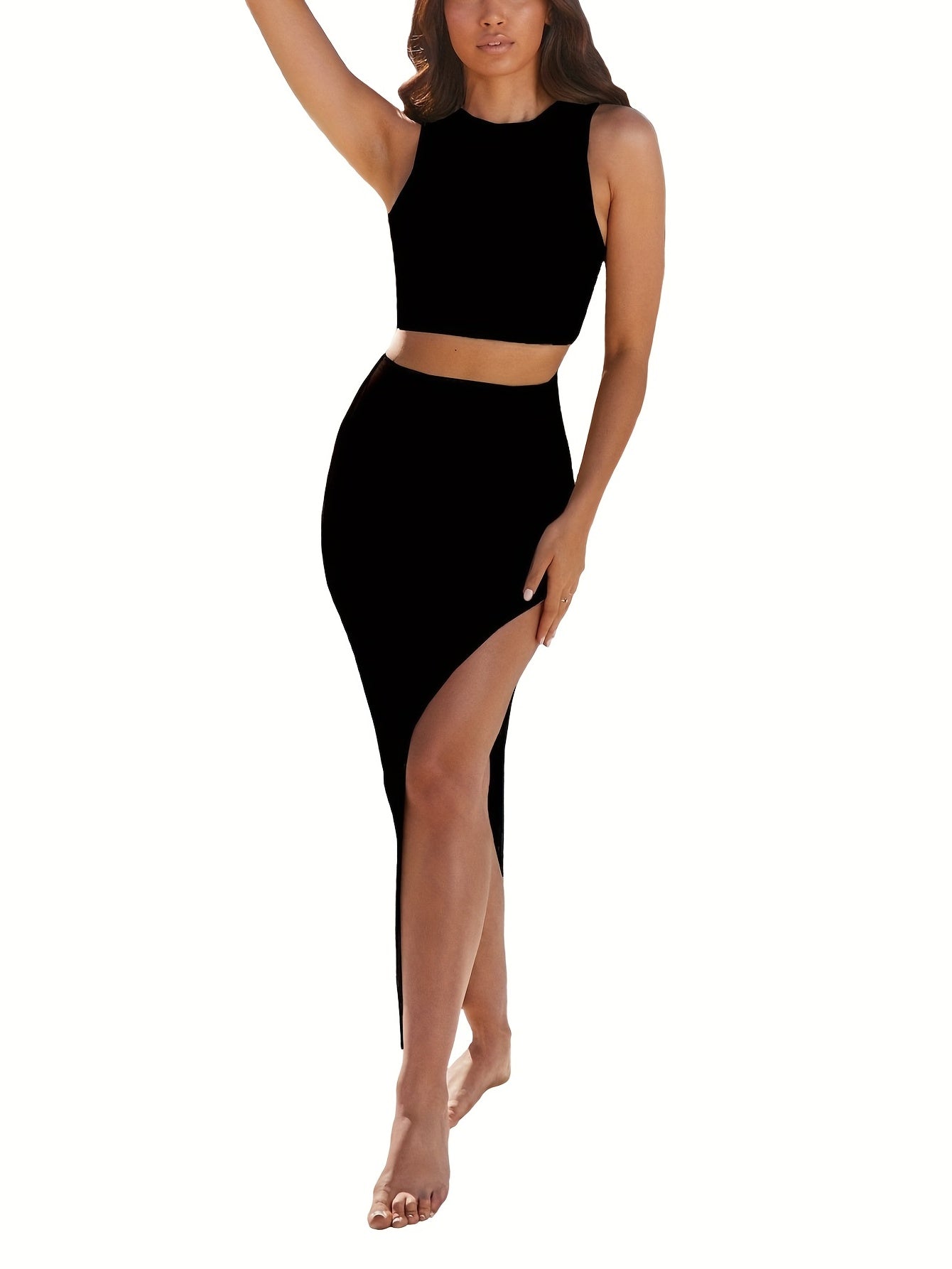 Casual 2pc Set Crew Neck Top & Split Skirt Outfit Women's Clothing