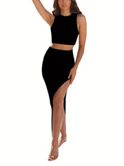 Casual 2pc Set Crew Neck Top & Split Skirt Outfit Women's Clothing