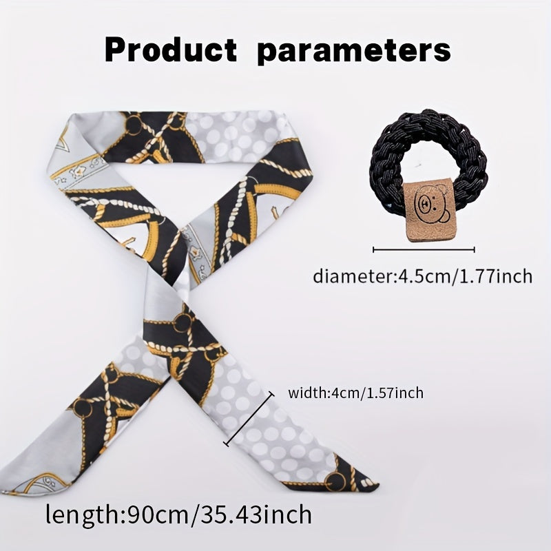 3pcs Set Skinny Scarf Hair Tie Chain Print Long Ribbon Neckerchief