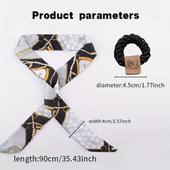 3pcs Set Skinny Scarf Hair Tie Chain Print Long Ribbon Neckerchief