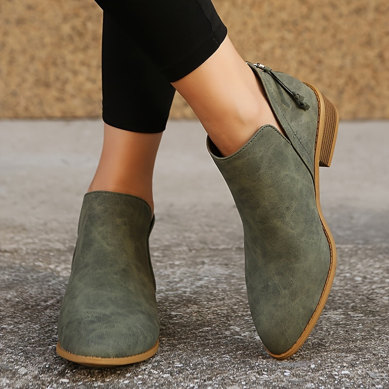 Chunky Heeled Ankle V Cut Boots Stacked Heeled Back Zipper Pointed Toe