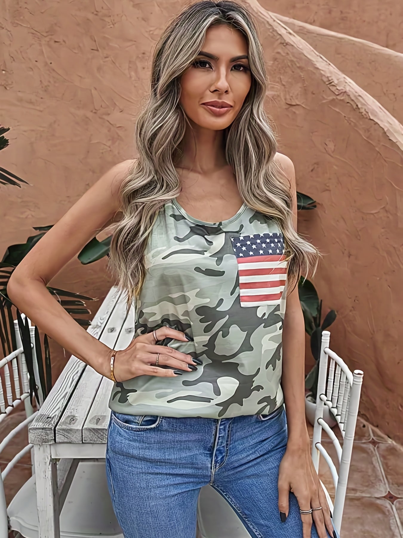 Camo Print American Flag Pocket Tank Top