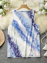 Glitter Starry Sky Print Round Neck Stretch Tank Top