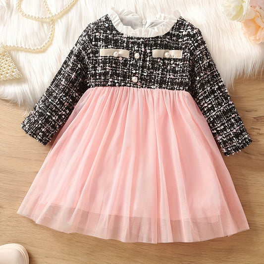 Baby Girls Lace Collar Mesh Dress Lady Plaid Tutu Dress
