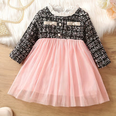 Baby Girls Lace Collar Mesh Dress Lady Plaid Tutu Dress