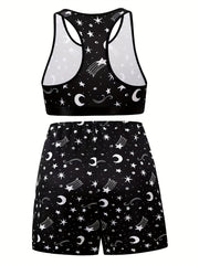 Moon & Star Print Racer Back Crop Top & Shorts Underwear Set