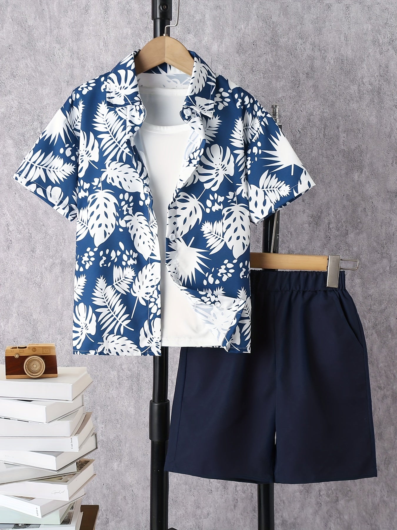 2pcs Boys Tropical Leaf Print Shirt&Shorts Set Summer Kids Clothing